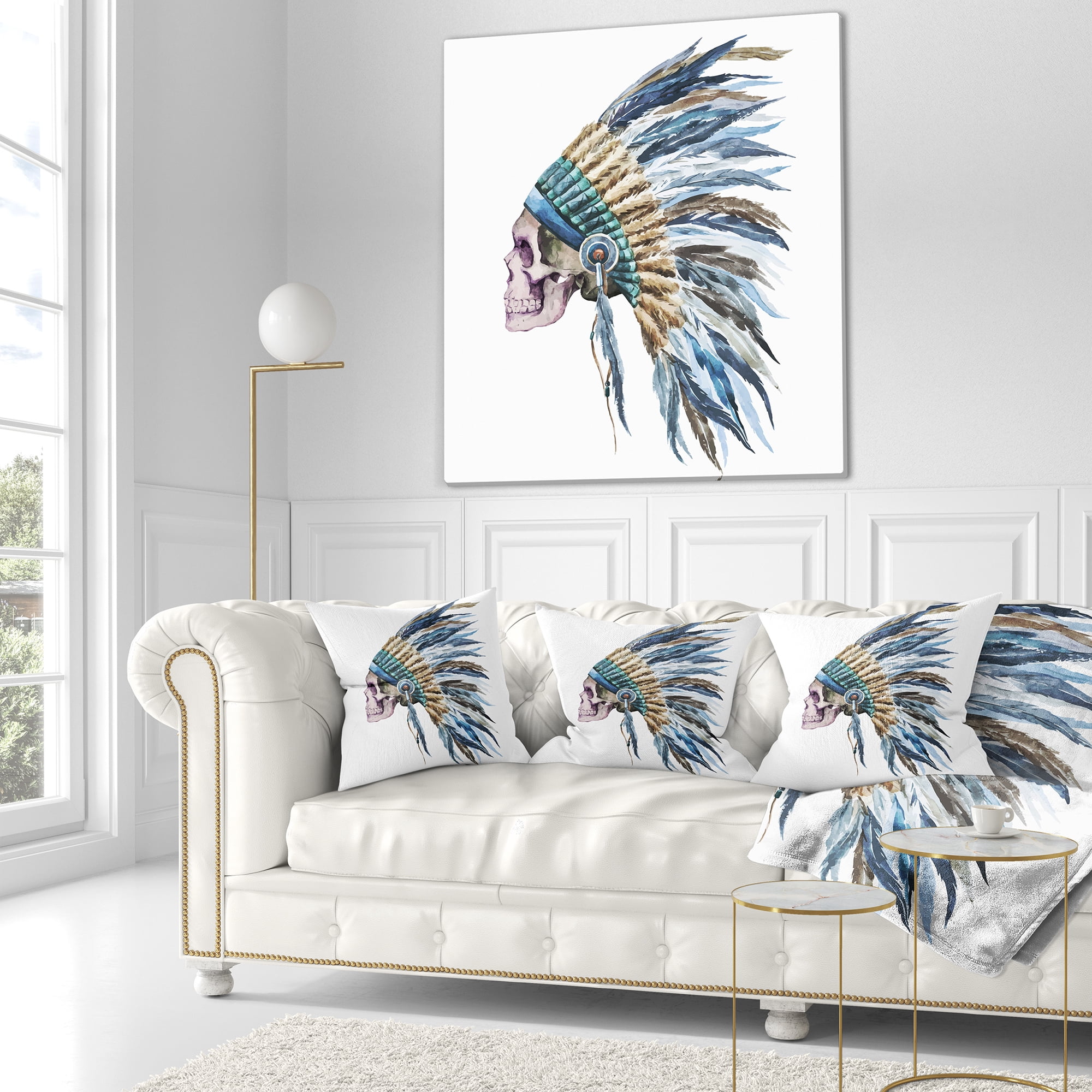 Designart American Native Hat and Skull - Abstract Throw Pillow - 16x16