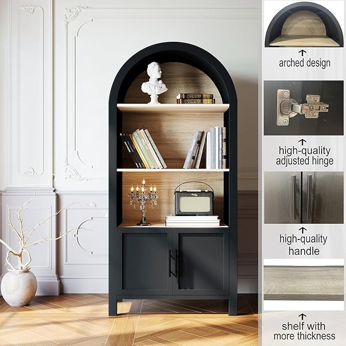 WARMMUSE 66.7" Tall Arched Bookshelf, Mid-Century Modern Bookcase Display Shelf with Cabinet and 3 Shelves, Black and Natural Wood