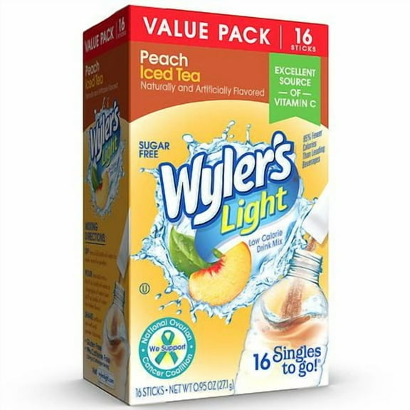 Wyler’s Light Peach Iced Tea Singles To Go Powder Drink Mix, Sugar Free, Low Calorie, 16 Sticks Value Pack, 0.95 oz