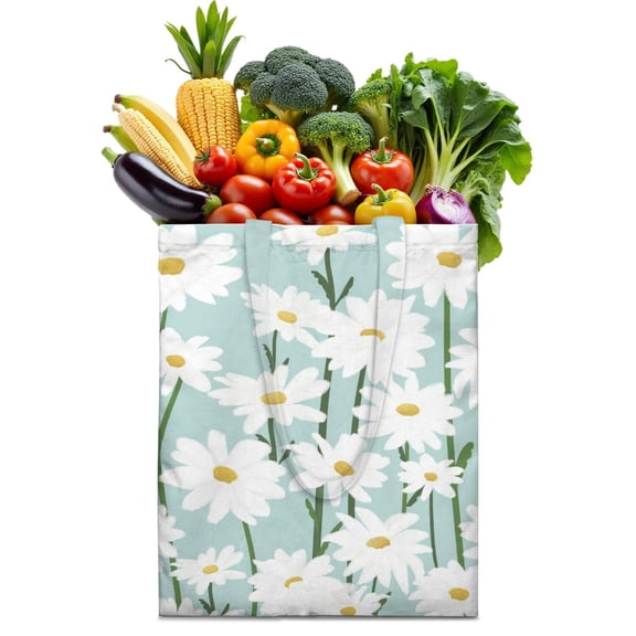 White Bloom Reusable Tote Bag - Foldable Grocery Bag with Daisy and Butterfly Design, Large Capacity