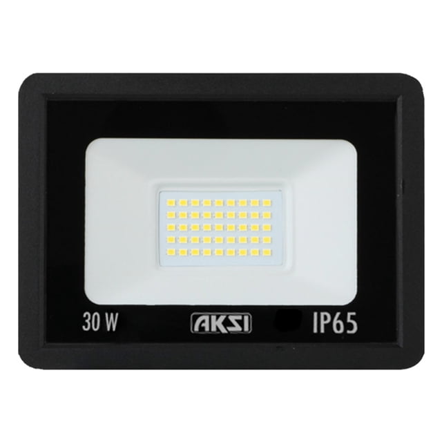 reflector led 30w smd aksi luz cálida Reflector rectangular negro frontal con matriz de LED SMD visible, texto '30 W' y logo AKSI en el borde inferior; especificaciones 30 W, 2100 lm, 3000K, 100-256 V, 15000 h; diseñado para uso exterior en patio y jardín, también suele emplearse para iluminar entradas o áreas de trabajo.