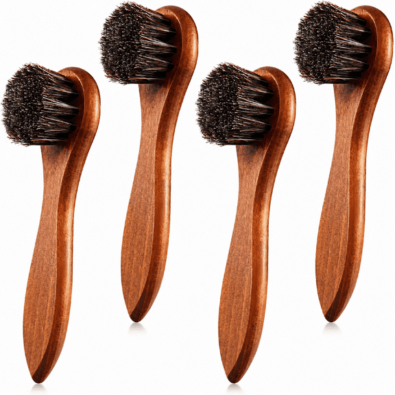 4-Pack Horsehair Shoe Shine Brush Kit, Brown Wood Handle B Applicators with Microfiber Cloth