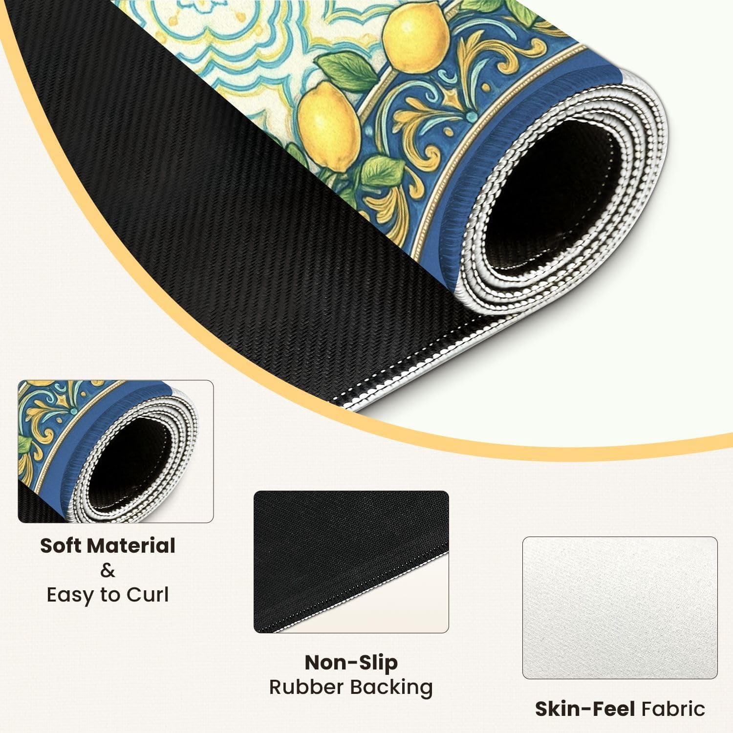 Mahjong Mat for Table Lemon Floral Tile Blue Yellow Details 31.5" x 31.5" Non-Slip Noise-Reducing Game Mat Premium Mahjong Accessories for Poker Dominoes Board Games