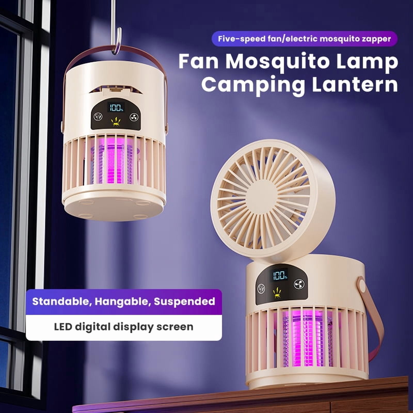 6-in-1 Portable Mosquito Killer Fan with 5 Wind Speeds, Multifunctional for Outdoor Camping & Home Use（Cream）