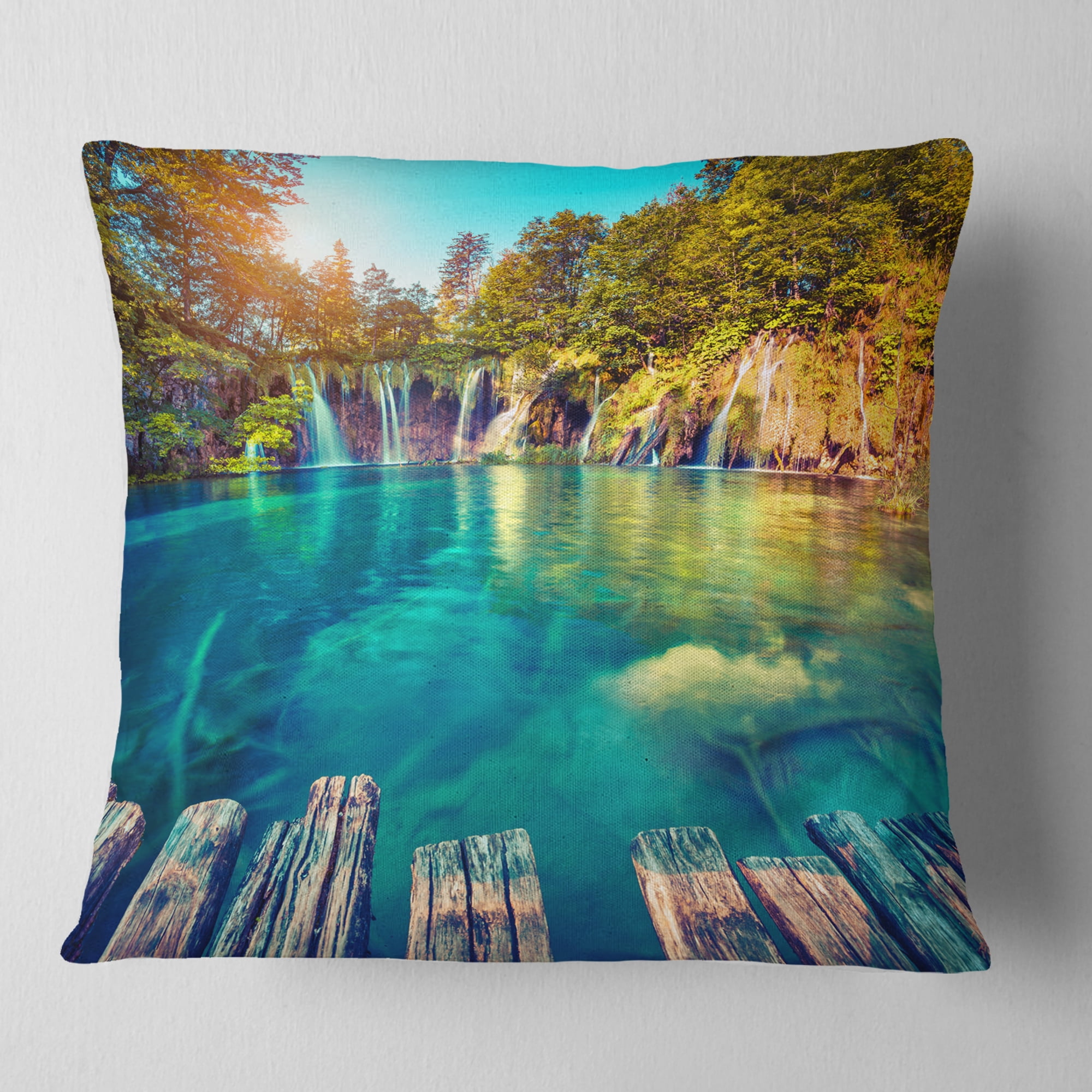Designart Blue Waters in Plitvice Lakes - Landscape Photo Throw Pillow - 16x16