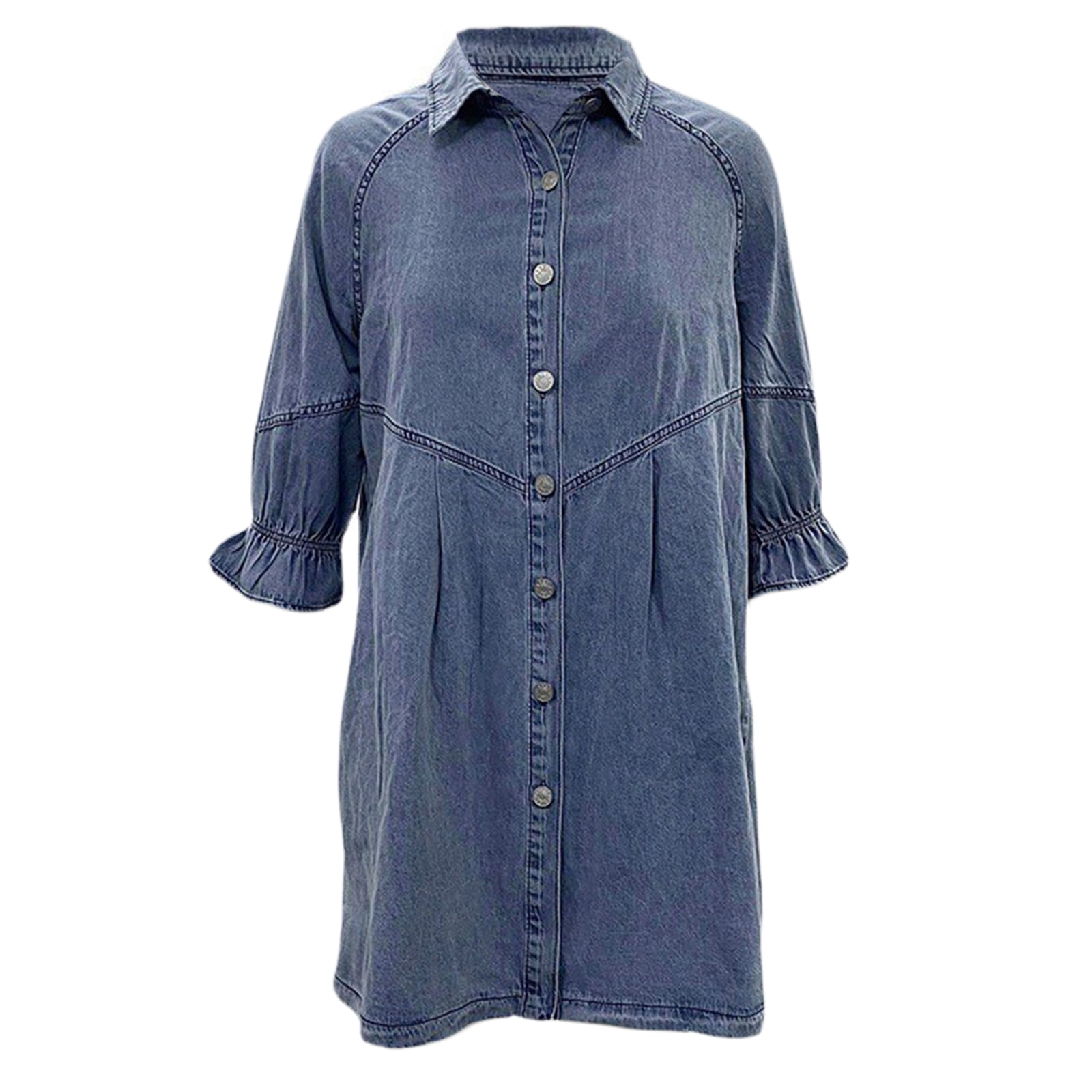 Boiiwant Women s 3 4 Lantern Sleeve Denim Shirt Dress Long Sleeve Solid Button Down Casual Loose Jeans Dress Party Club Wear Mini Dresses for Juniors Plus Size Girls Walmart
