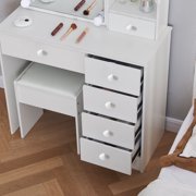 JBLCC Modern Makeup Vanity with LED Lighted Mirror and Stool, Vanity Table for Bedroom, Vanity Desk with Storage Shelves & Drawers, White