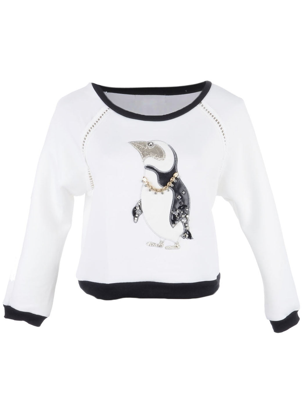 S/M Fit White Rhinestone and Chain Embellished Penguin Print Sweater ...