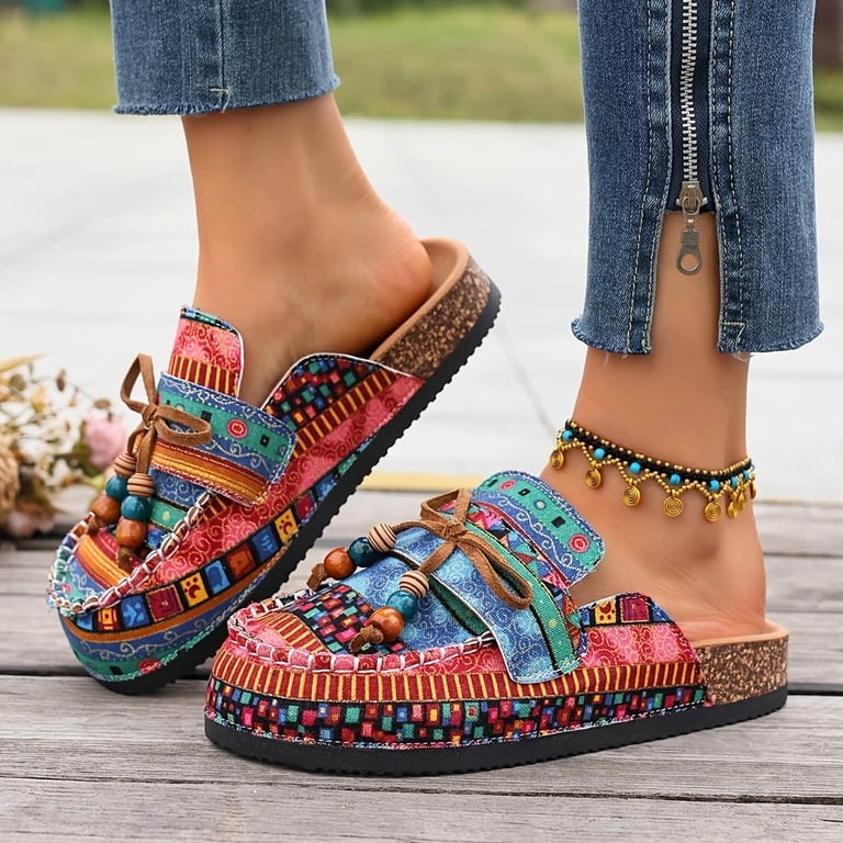 womens dress shoes with wide toe box Women's Ethnic Mules Bow Beaded Backless Slip On Platform Cork Footbed Walking Slides Blue Size 7.5 Atria Signature Colors:Canary Red Dresses For Birthday alsoin_Regular:MCPP8543_858 Reduces stress joints box toe dress shoes