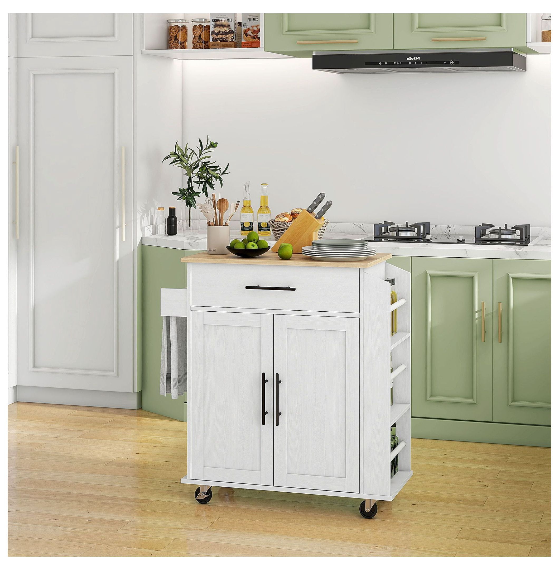 Rollable Kitchen Island with Power Outlets, Drawer, Doors & Versatile Storage on Wheels, White