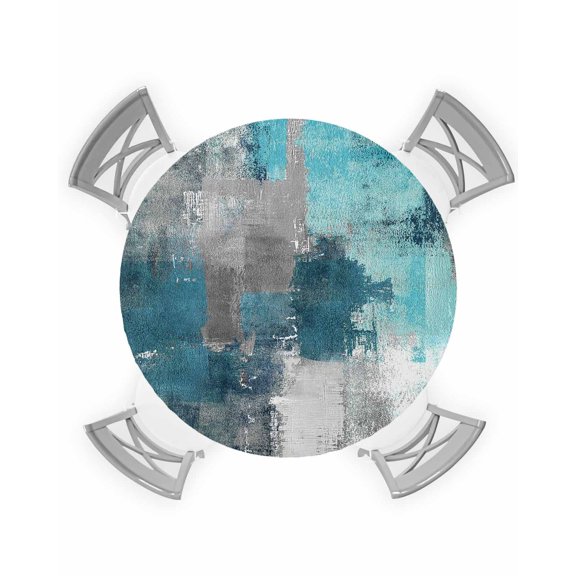 nqOlkjepod Teal Grey Round Tablecloth, Fitted Table Cover with Elastic for 55"-60" Round Tables, Modern Oil Painted Abstract Art Aesthetics Table Cloth Outdoor Dinning Party Waterproof Tablecloths