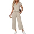 thumbnail image 2 of Top Y Falda Conjunto Estilo de las Mujeres de Color Sólido Suelto de Manga Corta con Cuello en V con Pantalones Cortos de Bolsillo Pantalones Set, Tejido Suave Transpirable Casual de Dos Piezas, Pant, 2 of 9