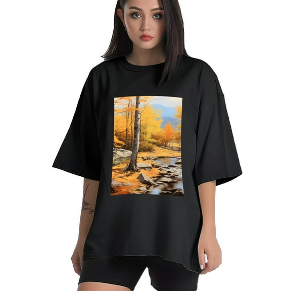 Plus Size Shirt for Women Black Tops for Women Short Sleeves Shirt for Women Forest At Autumn T Shirt Crewneck Shirt for Women XS
