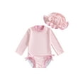 thumbnail image 1 of Gupgi Baby Girls Rash Guard with Hat, 0-3 Years Toddler Striped Swimsuit Long Sleeve Crew Neck Ruffle Swimwear, 1 of 9