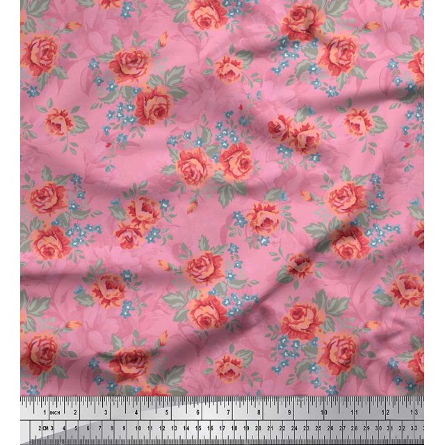 Soimoi Tissu Poly Georgette Imprimé Feuilles & Roses au Mètre 42 Pouces de Large