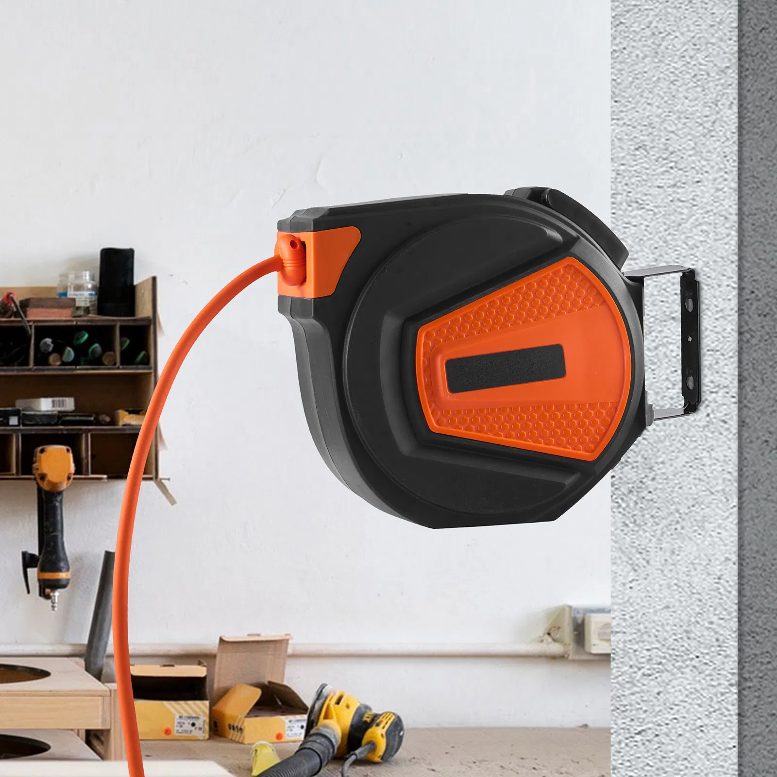 Retractable Air Hose Reel 3/8" x 50 FT Hybrid Hose Max 300 PSI Ceiling Wall Mount Enclosed Reel with 5' Lead and 180° Swivel for Easy Use