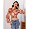 thumbnail image 6 of IDOPIP Bell Sleeve Tops for women Lettuce Trim Mock Neck Floral Mesh Top Crop T Shirt S-XL, 6 of 10