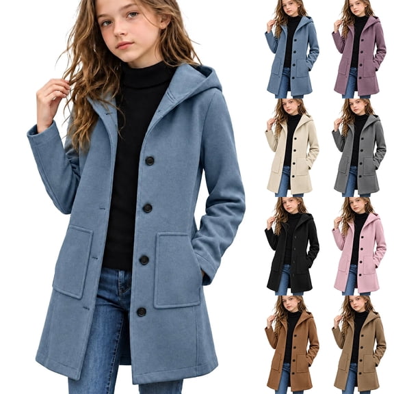 Girls Hooded Wool Blend Coat Mid-Length, Long Sleeve Single Breasted Fall Winter Peacoat Trench Jacket with Pockets, Navy 11-12 Years