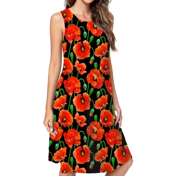 Red Poppies On Black Casual Sleeveless Loose Sundress Dress For Women Summer Dress Daily Woman