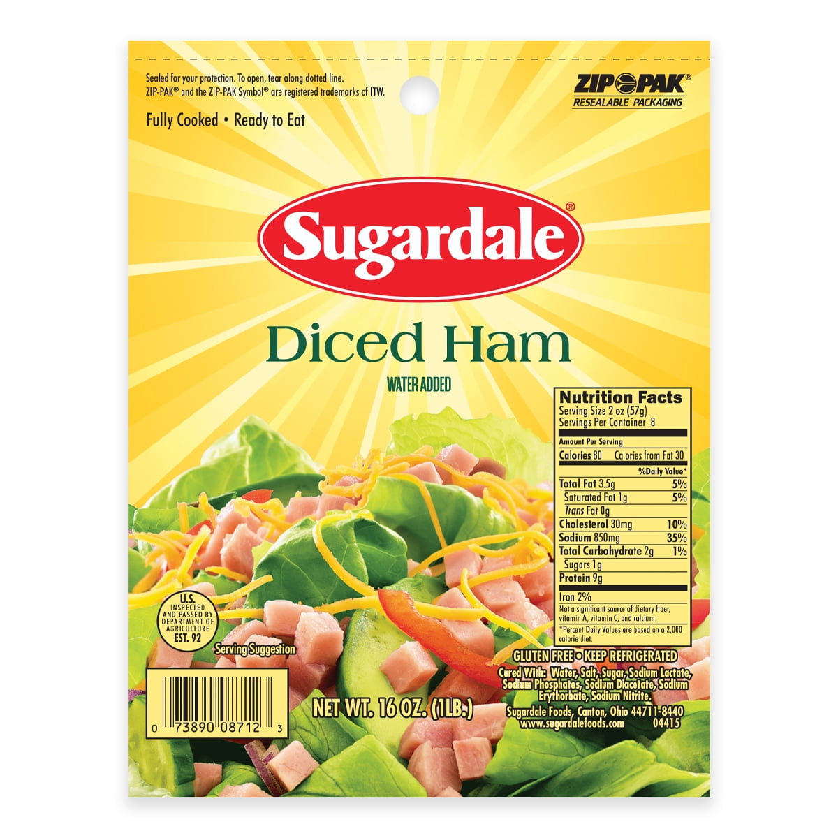 Sugardale Diced Hickory Smoked Ham, Fully Cooked, Pork Boneless, 1 lb