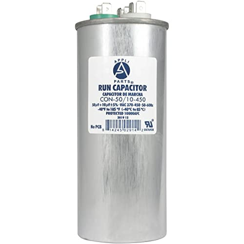 Appli Parts Dual Run Capacitor for ac 50+7.5 Mfd uF (microfarads) 370VAC or 450VAC CBB65 Round Universal fit for hvac and other applications 5-3/8 in High 2-1/8 in Wide CON-50/7.5-450