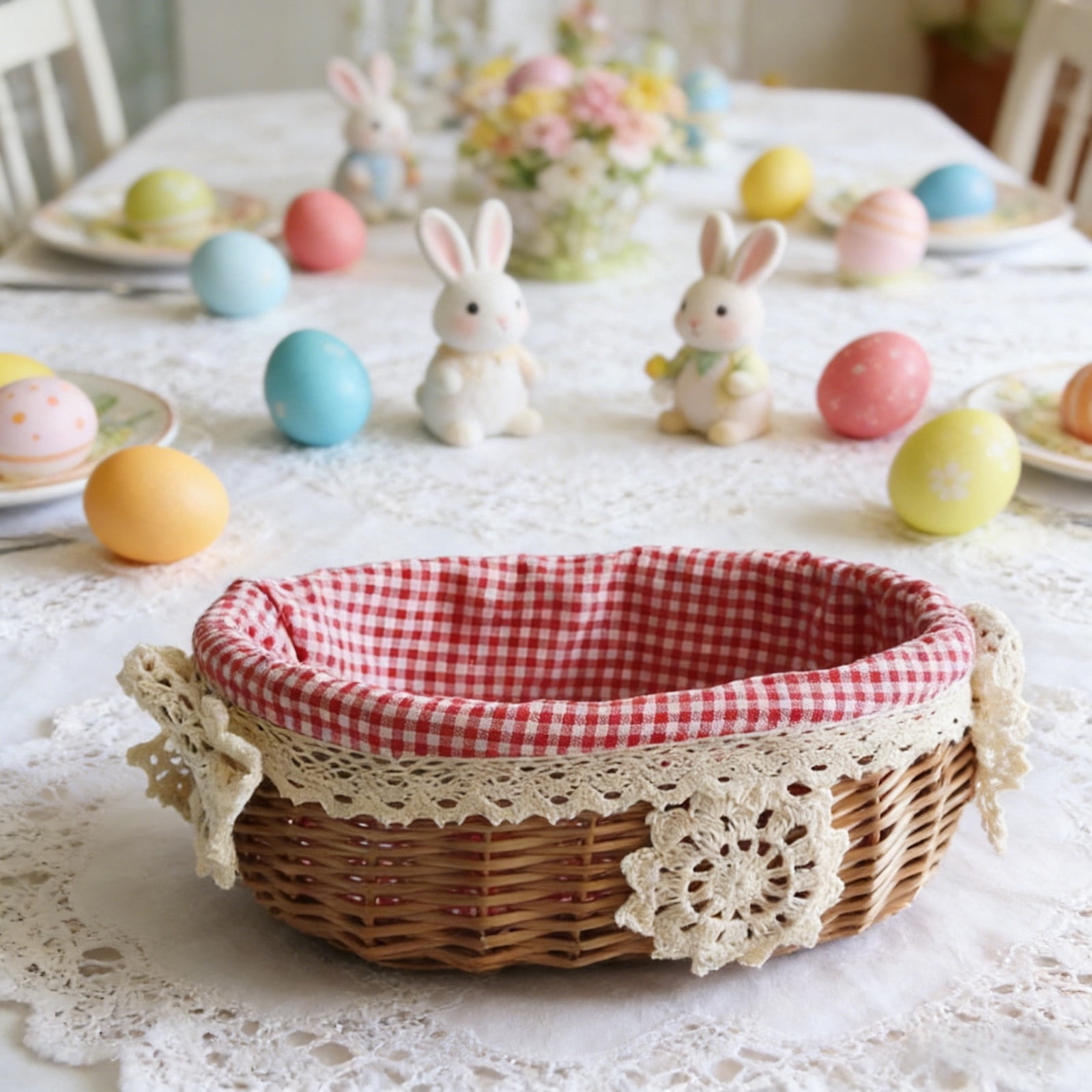 Lace Trimmed Easter Basket Handwoven Gingham Lining Storage for Egg Home Picnics Farmhouse Style Spring Decor Basket