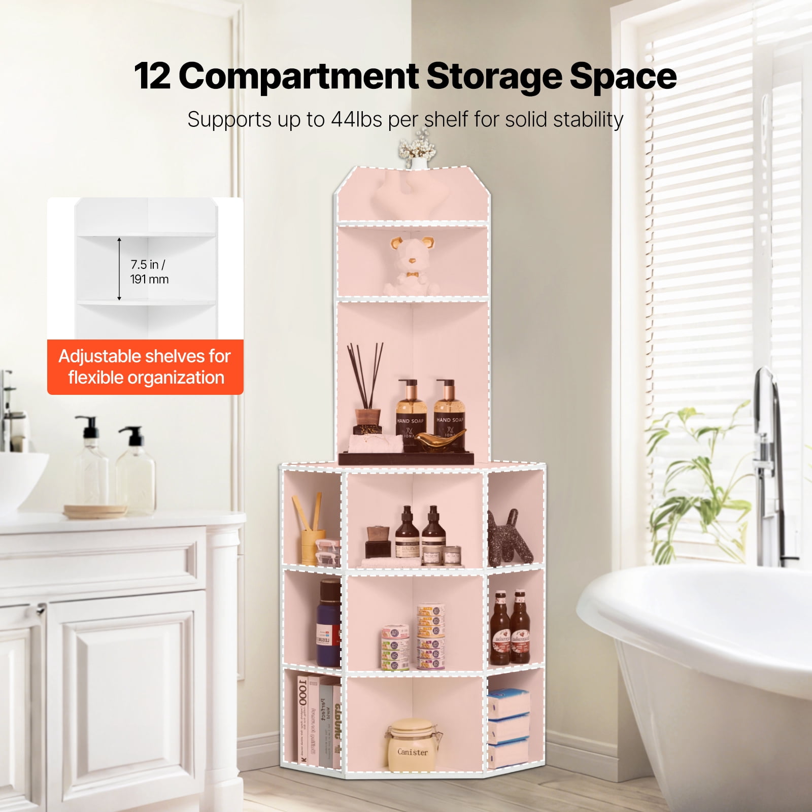 KFFKFF 64" Height Corner Utility Cabinet, 6 Layer Wood Storage Cabinet with USB Connectivity and Power Outlets & Flexible Shelves, Independent Corner Unit for Living Area, Laundry Space, White