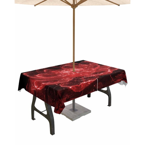 Fsddascl Red Spring Floral Outdoor Tablecloth - 60x84 Inch Rectangle Dining Table Cover, Elegant Summer Botanical Black Waterproof Outdoor Table Cloth with Umbrella Hole & Zipper for Picnic/Patio