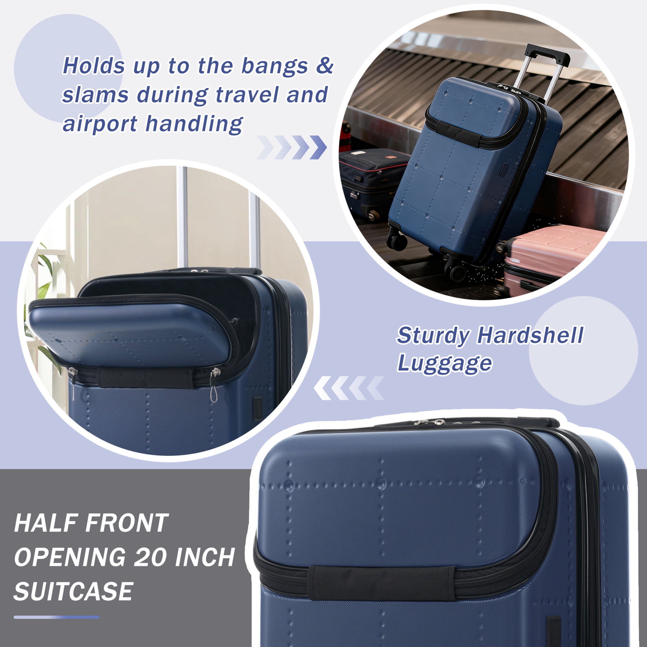 GDF Studio 5-Piece Hardside Luggage Set, Carry-On Suitcase with USB Port and Checked Bags, Spinner Wheels, Blue