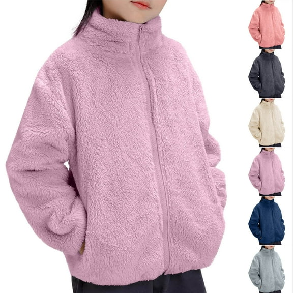 MKOSPLRT Fuzzy Fleece Jacket for Girl 2-13Y Full Zip Stand Collar Fall Winter Jacket Coats Solid Warm Outerwear Coats with Pocket