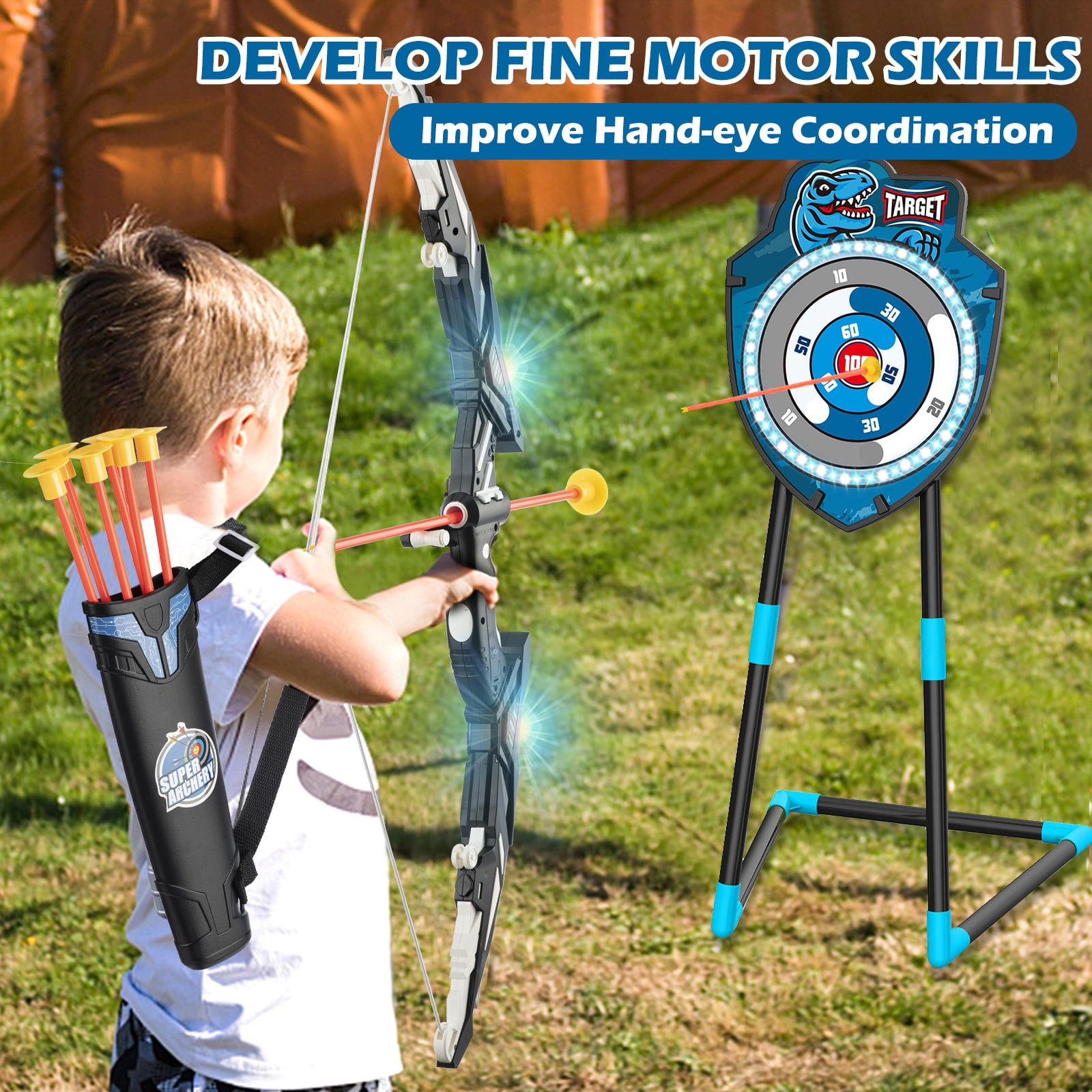 Kids LED Standing Archery Set with Bow & Arrows – Outdoor Sports Toy for Boys & Girls Ages 4-12, Safe & Fun Target Practice Game, Blue