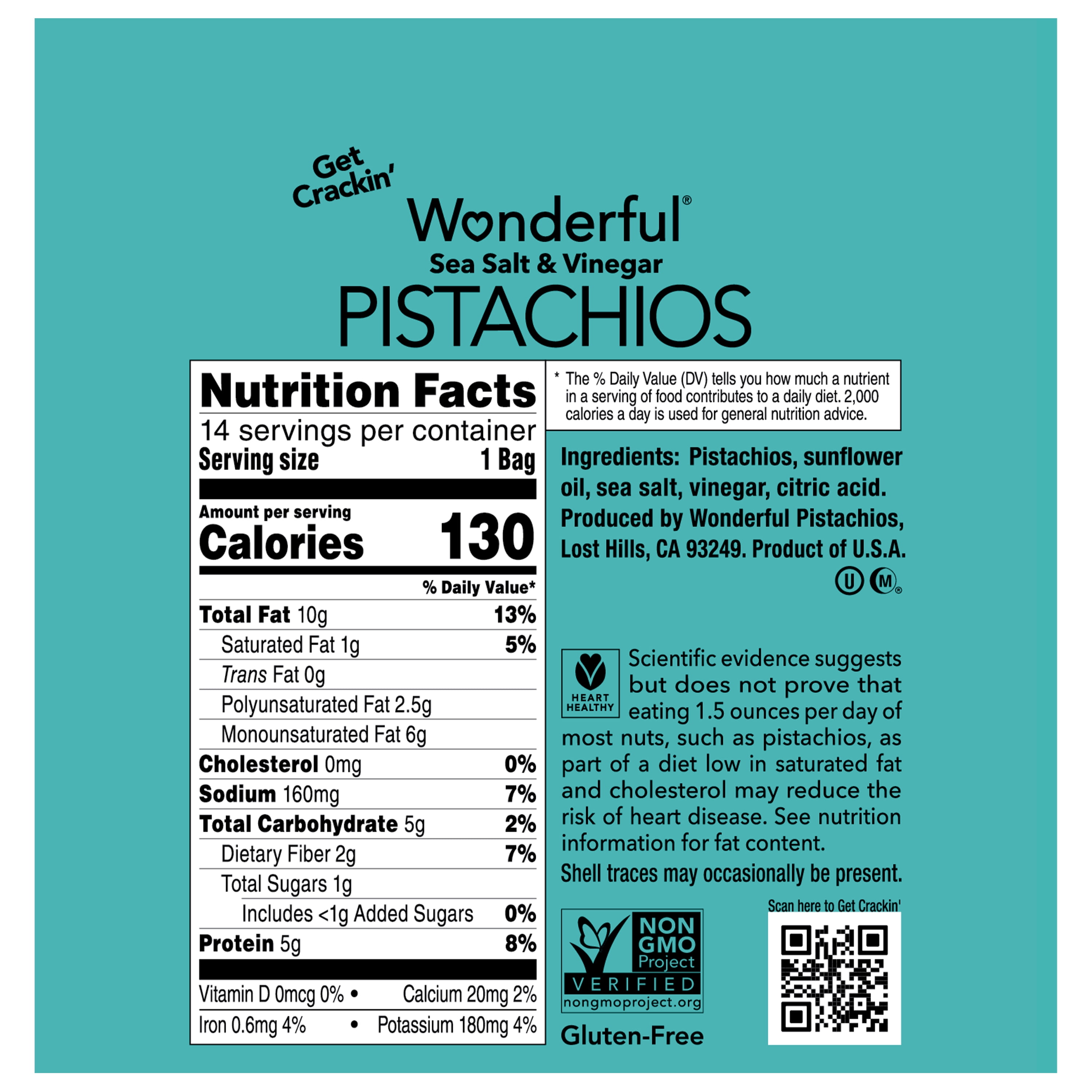 Wonderful Pistachios No Shells, Sea Salt & Vinegar Nuts, 0.75 Ounce Bags (Pack of 14)