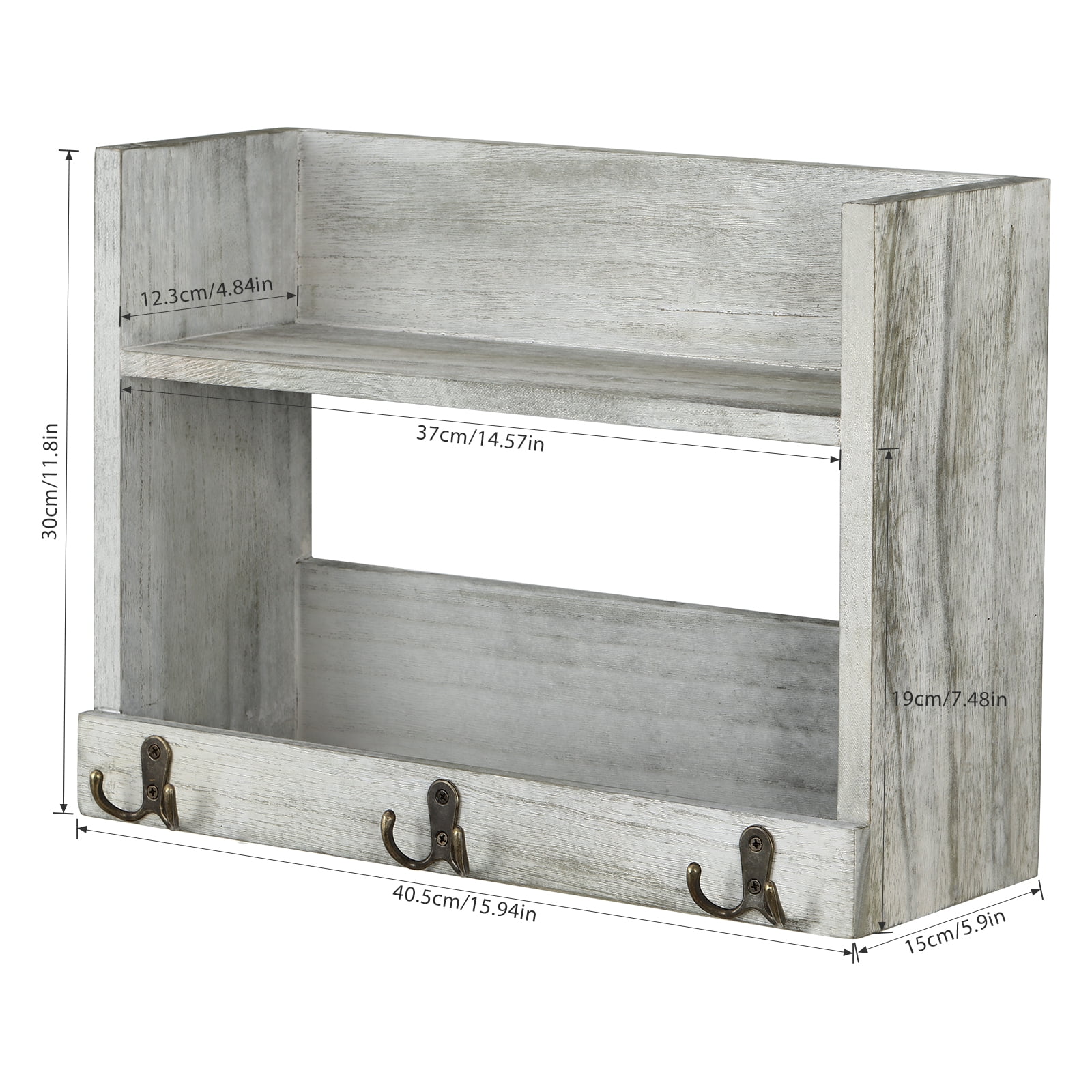 Rustic Wood Decoration Floating Storage Shelf with 3 Hooks, Olive Green