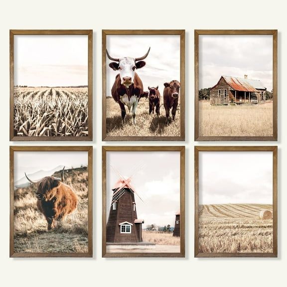 Farmhouse Cow Canvas Wall Decor - Unframed Set of 6, 8x10, Modern Country Highland Cow Pictures for Bathroom, Bedroom Cottage Rustic Art Vintage Posters for Living Room Neutral Cow Decor Stuff Gifts