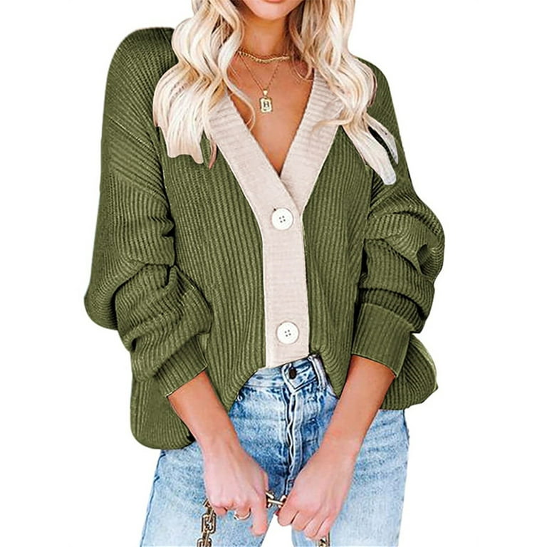 Langwyqu Long Sleeve V Neck Female Patchwork Button Cardigan