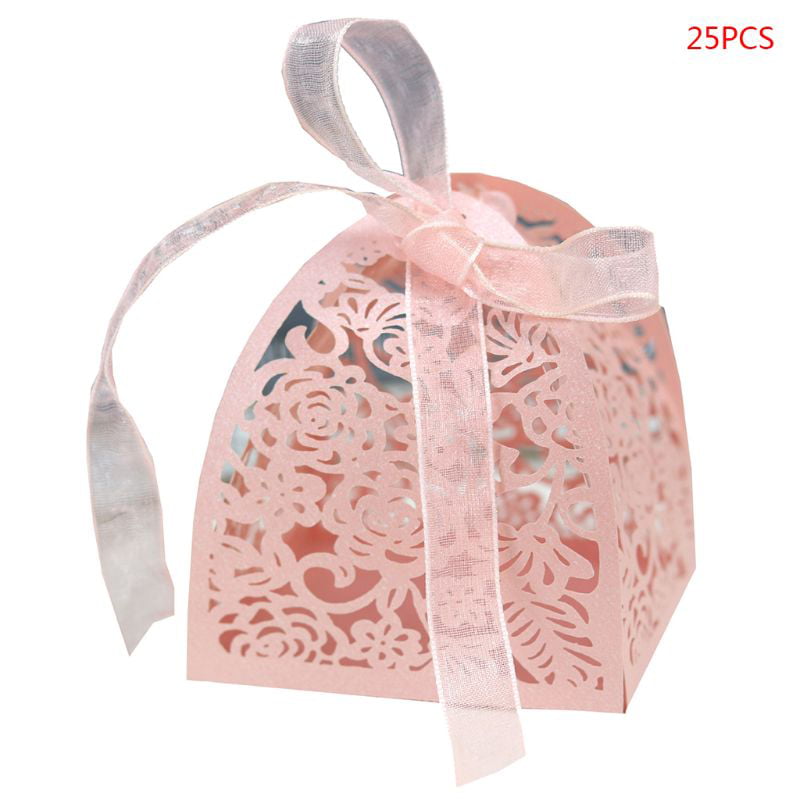 25pcs Rose Laser Cut Candy Box Wedding Party Favors Gift Bag Box+Ribbon 