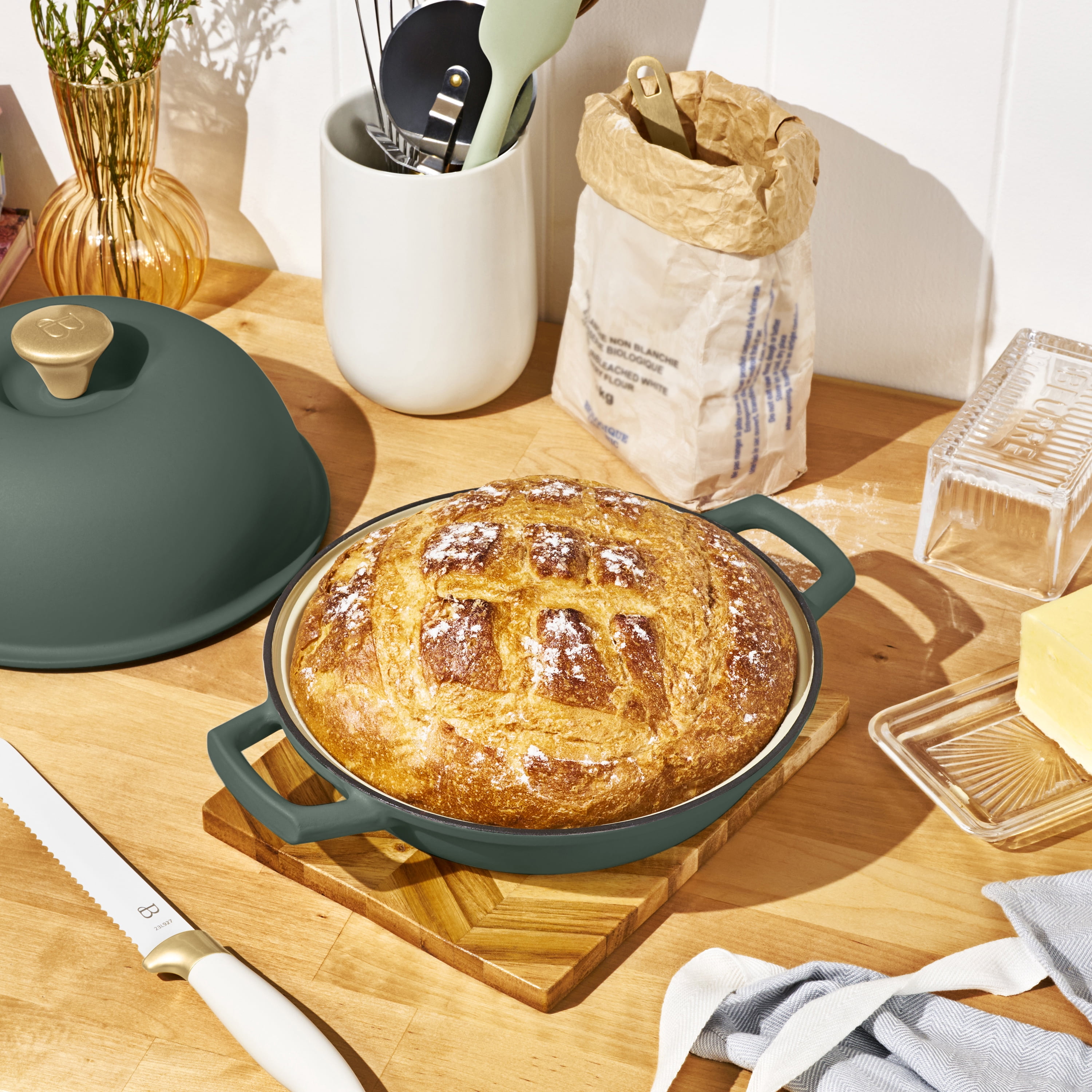 Beautiful Enameled Cast Iron Bread Oven by Drew Barrymore, 10 in, Round, 5 qt, Thyme Green