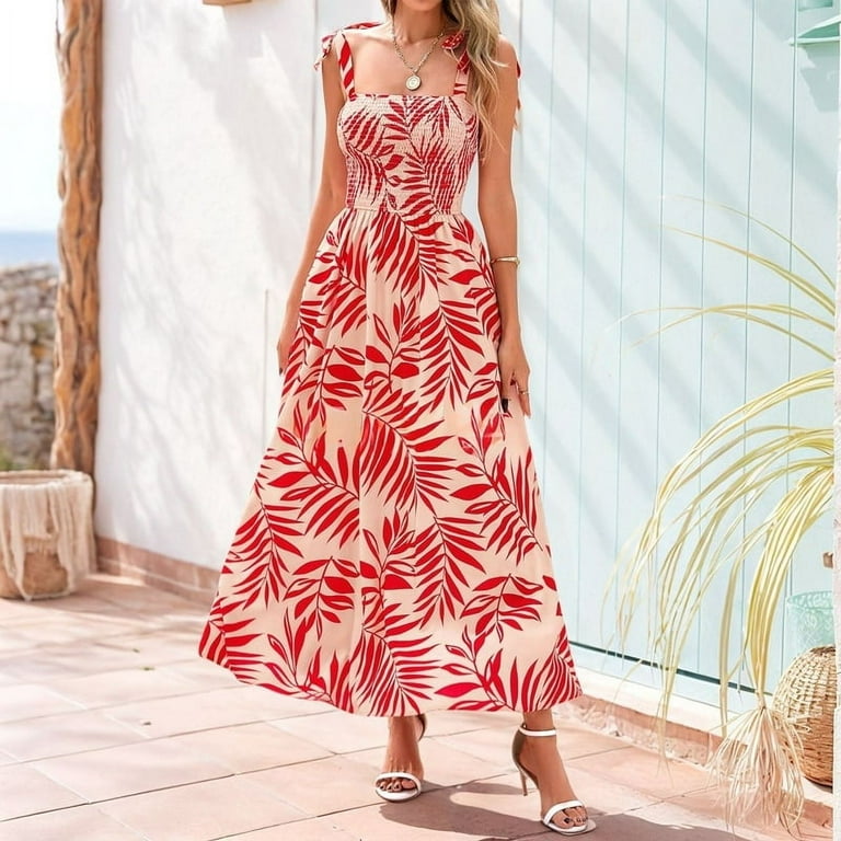 Womens Summer Dresses Floral Sleeveless Smocked Maxi Dress Boho