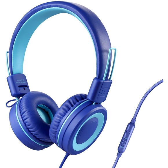 Audífonos P10 para niños POWMEE con micrófono, ajustable, plegables, para escuela/PC/celular (azul)