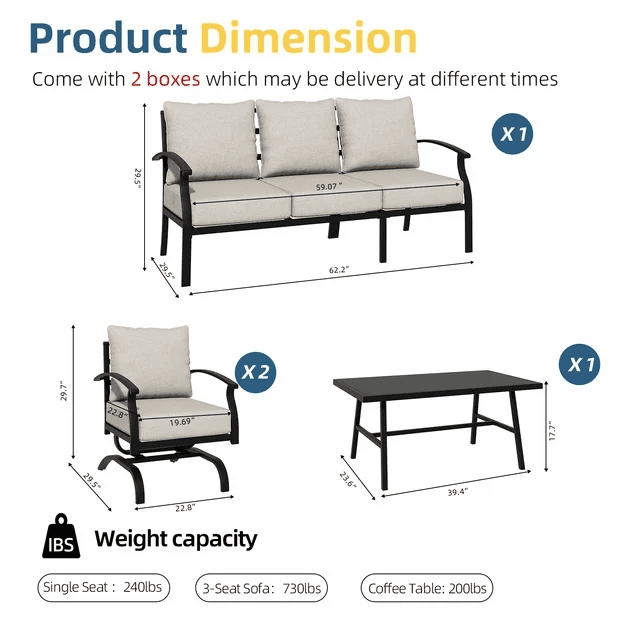 ALAULM 4 Piece Patio Furniture Set,Outdoor Metal Patio Furniture with Coffee Table & Rocking Chairs Conversation Set for Porch,Backyard,Poolside, Garden-Sand