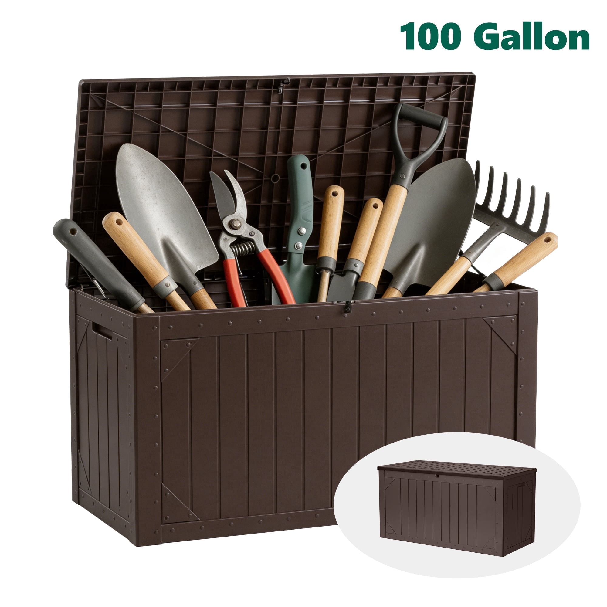 WLLJOY 100 Gallon Outdoor Storage Resin Deck Box, Lockable Patio Outdoor Storage Box for Furniture, Garden Tools and Tools Storage, Waterproof, Brown
