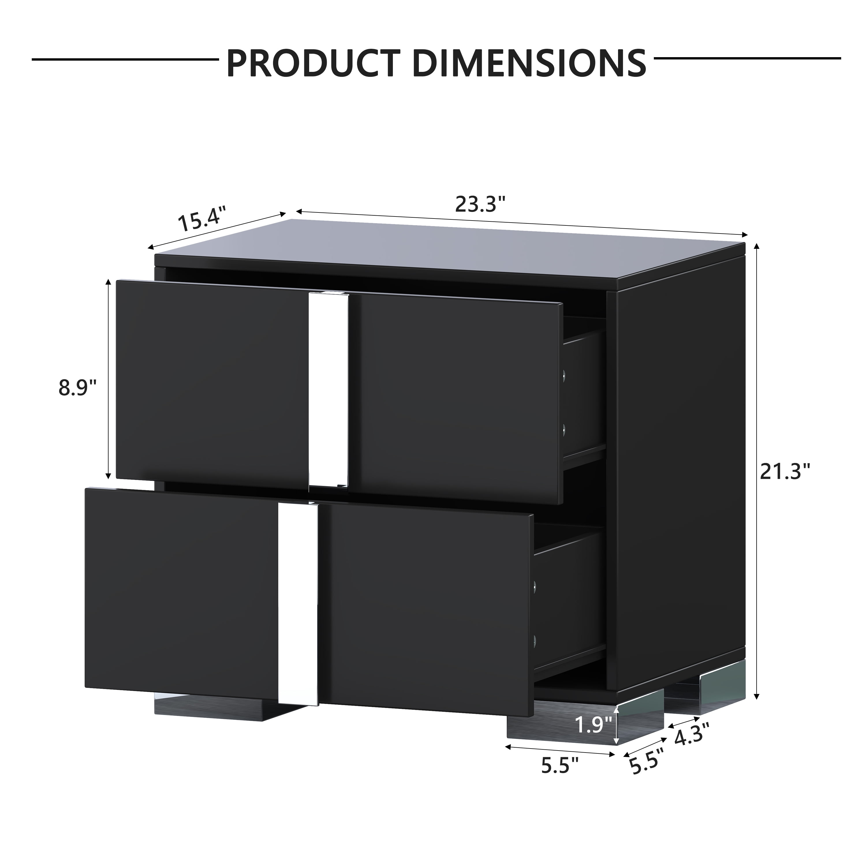 Euroco Wooden Nightstand with 2 Drawers & Metal Foot,Mirrored Bedside Table for Bedroom, Living Room,Black