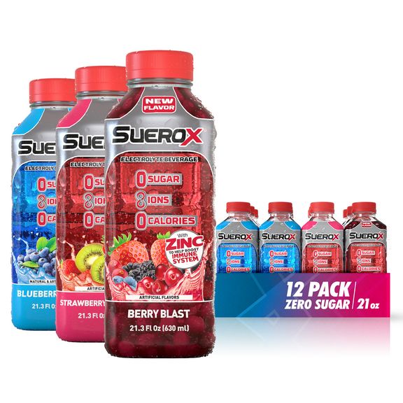 SueroX Zero Sugar Electrolyte Drink for Hydration and Recovery, Berry Blend Pack, 21 oz , 12 ct