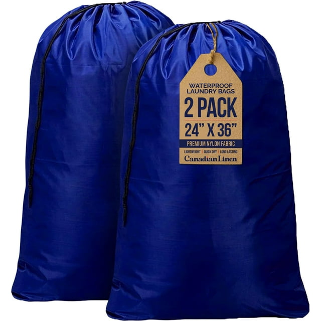 Canadian Linen Nylon Laundry Bags, 24"x36", 2 Pack, Drawstring Clothes Organizer Waterproof Fabric Durable Storage Bag Hamper, Blue