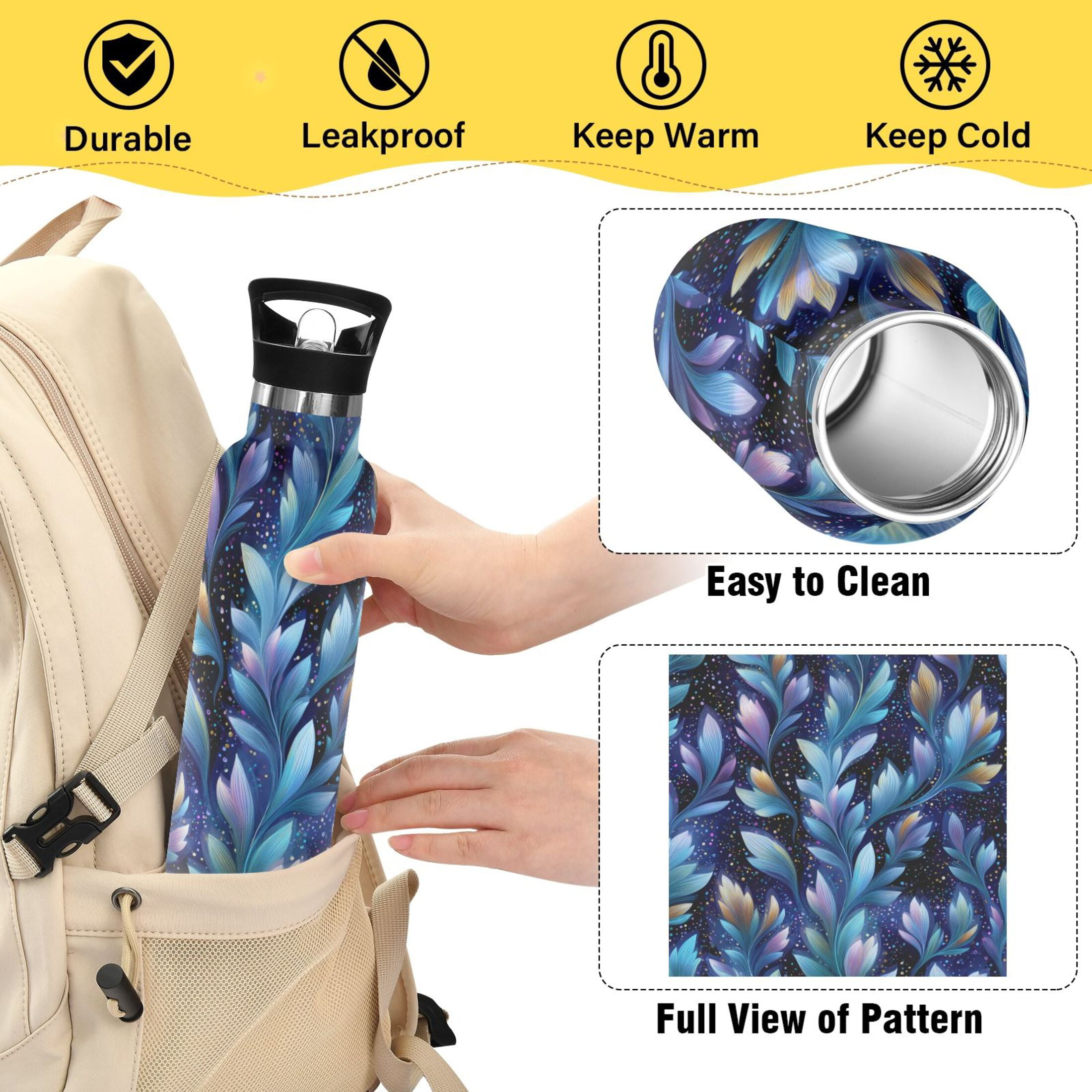 600ML Stainless Steel Insulated Cup Sports Water Bottle Portable Thermos Cup Water Glasses Insulated Tumblers Convenient and Durable Cartoon Blue Leaves