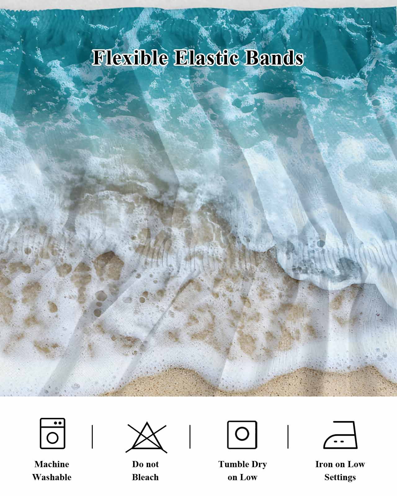 Ocean Beach Bed Skirt Queen Size 16" Drop Summer Sand Waves Nature Ruffled Wrap Around Bed Skirts Adjustable Elastic Bedskirt Dust Ruffle for Queen Size Bed