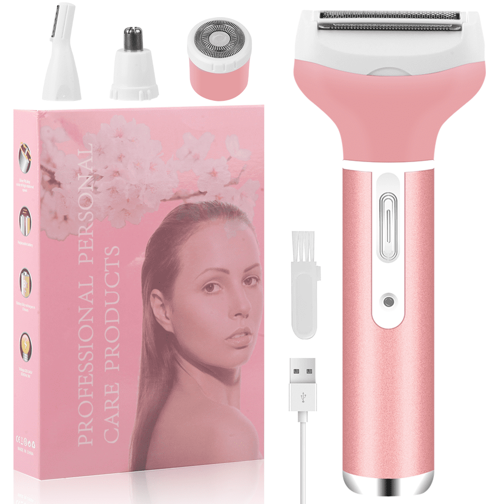 SUGARDAY Electric Razor Nose Hair Trimmer for Women Leg Arm Pubic Facial Hair 4 in 1 Shaver Rechargeable Pink