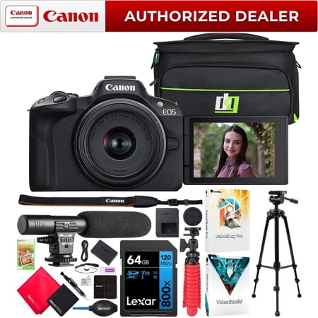 Canon EOS R50 Mirrorless Camera (Black) with RF-S 18-45mm F4.5-6.3 IS STM Lens 5811C012 Bundle with Deco Gear Photography Bag + Microphone + Tripod + Software & Accessories Kit