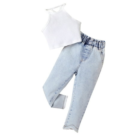

Wallarenear Little Girls Ribbed Knit Halter Crop Tops Blue Denim Jeans Pants with Pockets