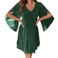 thumbnail image 5 of qucoqpe Womens Summer Mini Dress Fashion Casual Solid Color Ruffle 3/4 Sleeve V Neck Glittering Sequin Dress Loose Party Dress, 5 of 5
